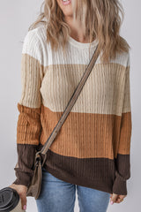 Khaki Colorblock Cable Knit Round Neck Sweater Sweaters JT's Designer Fashion