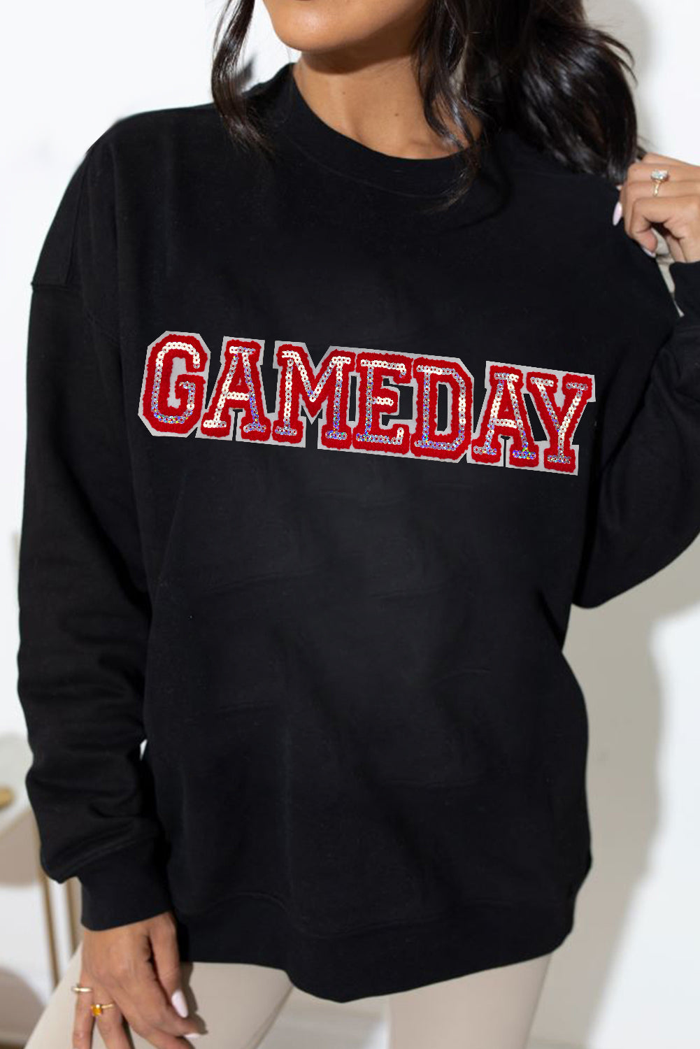 Black Sequined GAME DAY Rugby Football Season Sweatshirt Graphic Sweatshirts JT's Designer Fashion