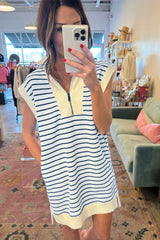 Blue Stripe Striped Quarter Zip Collared Cap Sleeve Mini Dress Dresses JT's Designer Fashion