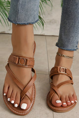 Chestnut Cross Toe Metal Buckle Leathered Flat Slippers Slippers JT's Designer Fashion