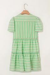 Green Stripe V Neck Short Sleeve Frilled Detail A-line Dress Dresses JT's Designer Fashion