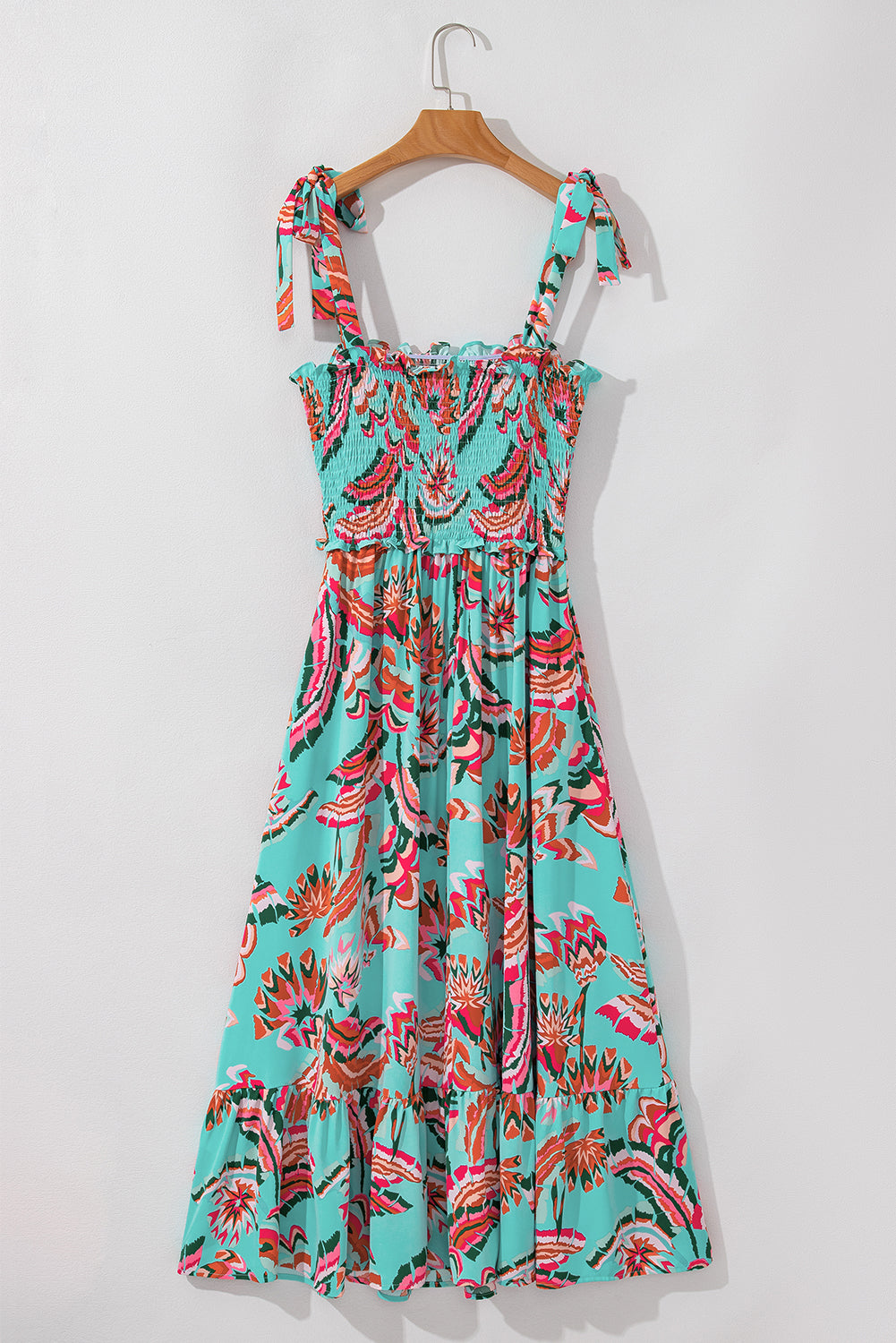 Green Abstract Print Smocked Bodice Knotted Straps Ruffled Long Dress Maxi Dresses JT's Designer Fashion