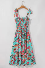 Green Abstract Print Smocked Bodice Knotted Straps Ruffled Long Dress Maxi Dresses JT's Designer Fashion
