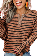Brown Stripe Textured Frilly Trim Buttons Henley Long Sleeve Top Long Sleeve Tops JT's Designer Fashion