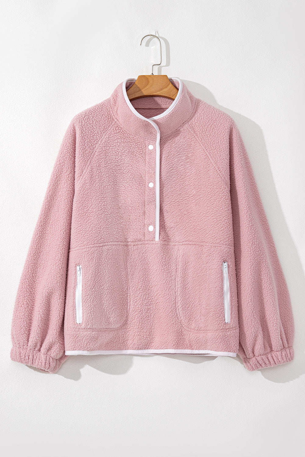 Fushia Stand Neck Half Button Zip Pocket Plush Sweatshirt Sweatshirts & Hoodies JT's Designer Fashion