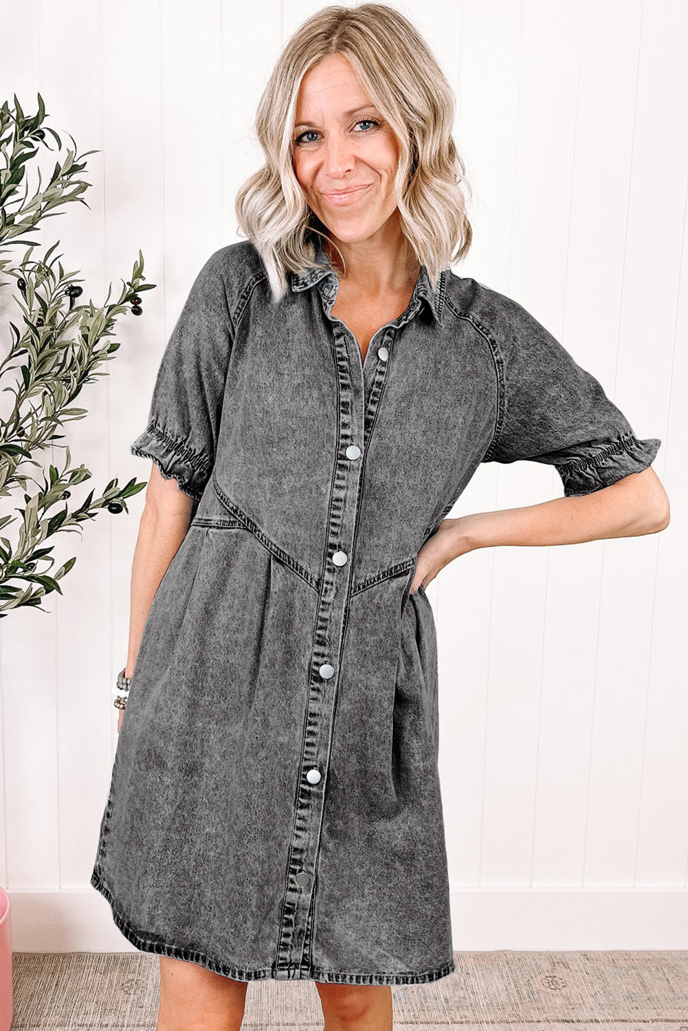 Medium Grey Mineral Wash Ruffled Short Sleeve Buttoned Denim Dress Dresses JT's Designer Fashion