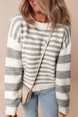 Gray Stripe Drop Shoulder Crew Neck Sweater Sweaters JT's Designer Fashion