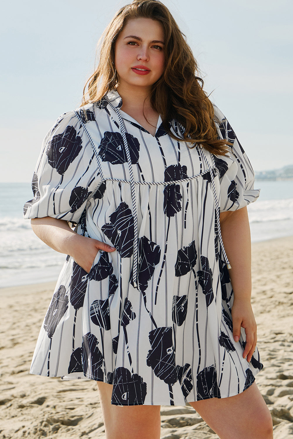 Black Plus Size Floral 3/4 Puff Sleeve Lace-up Neck Mini Dress Plus Size Mini Dresses JT's Designer Fashion