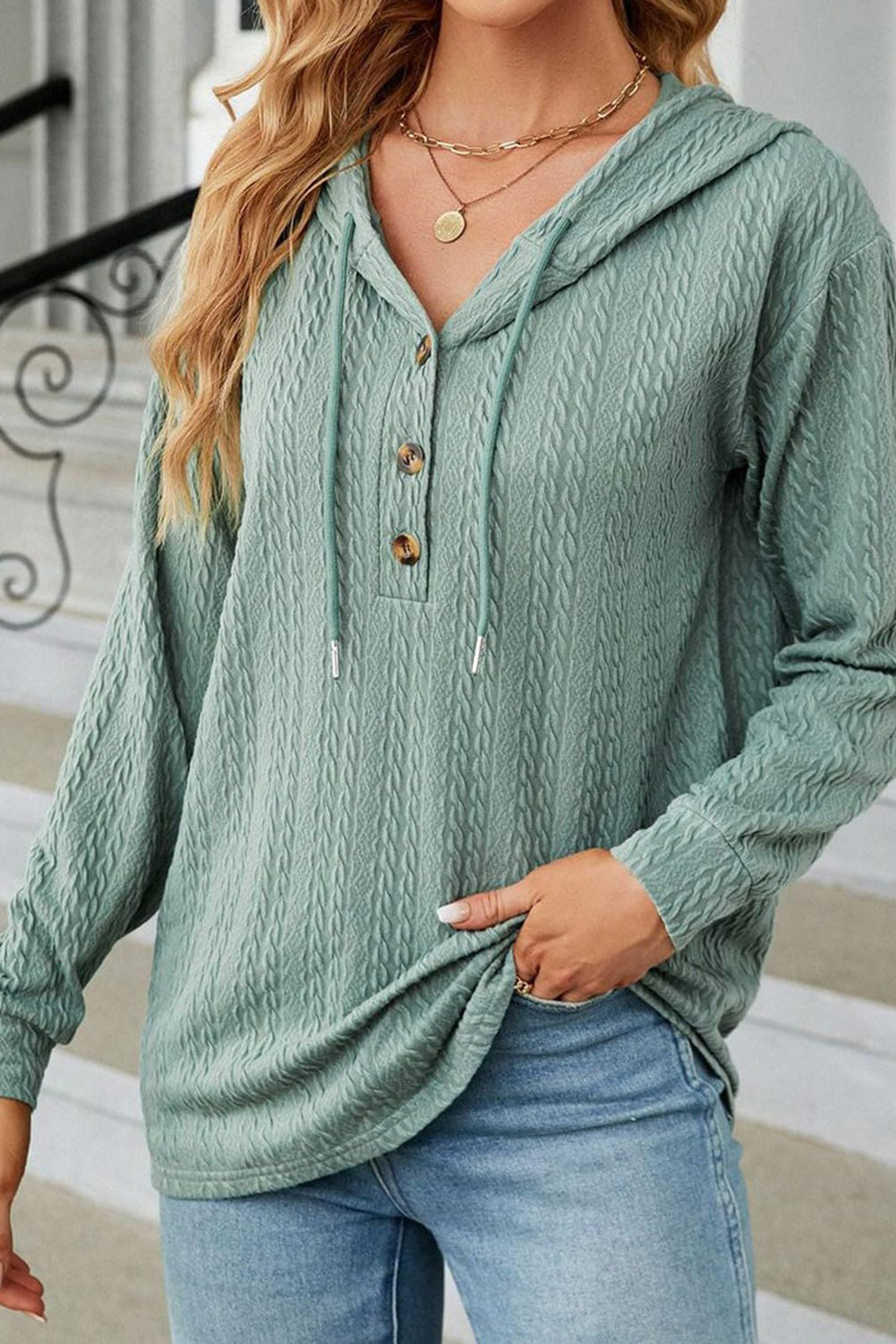 Mint Green Button Front Textured Drawstring Hooded Long Sleeve Top Long Sleeve Tops JT's Designer Fashion