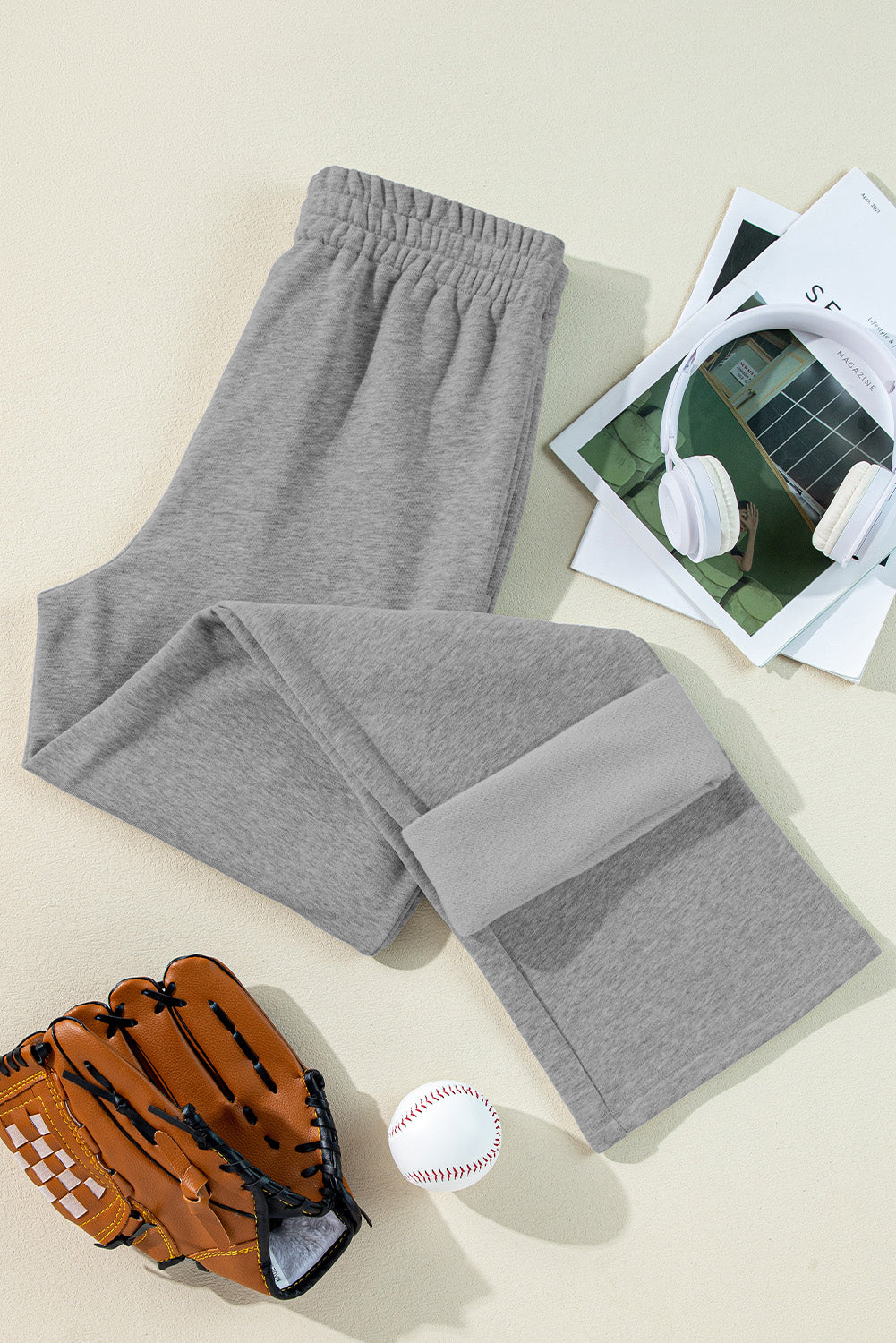 Light Grey Solid Color Fleece Lined Drawstring Waist Casual Pants Pants & Culotte JT's Designer Fashion
