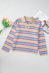 Apricot Stripe Collared V Neck Drop Shoulder Loose Sweater Sweaters JT's Designer Fashion