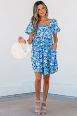 Blue Floral Puff Sleeve Babydoll Mini Dress Floral Dresses JT's Designer Fashion