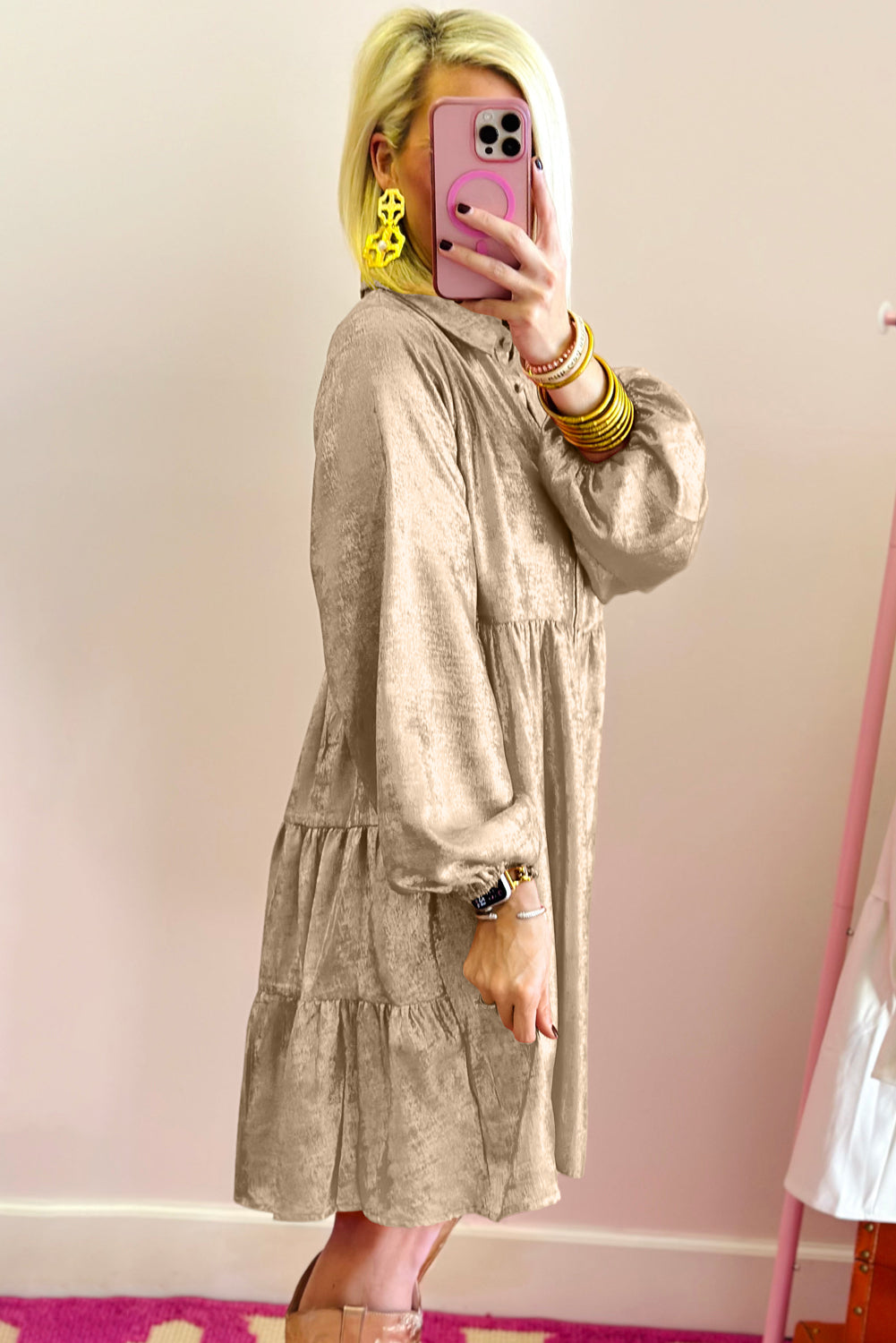 Apricot Metallic Sheen Puff Sleeve Button Up Mini Shirt Dress Mini Dresses JT's Designer Fashion