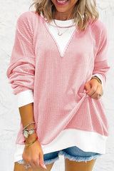 Peach Blossom Corded Colorblock Drop Shoulder Loose Top Long Sleeve Tops JT's Designer Fashion