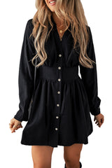 Black Elastic Cinched High Waist Long Sleeve Shirt Mini Dress Mini Dresses JT's Designer Fashion