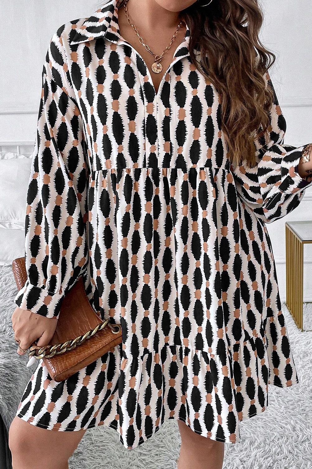 Apricot Geometric Print Collared V Neck Plus Size Mini Dress Plus Size Mini Dresses JT's Designer Fashion