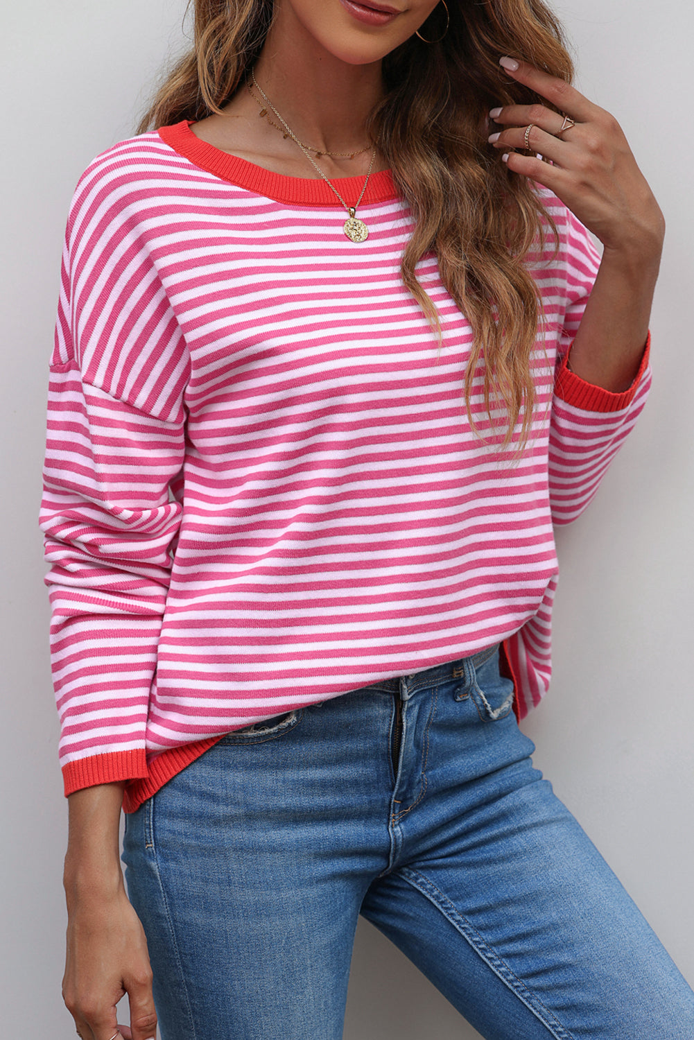 Pink Contrast Trimmed Striped Drop Shoulder Sweater Sweaters JT's Designer Fashion