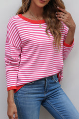 Pink Contrast Trimmed Striped Drop Shoulder Sweater Sweaters JT's Designer Fashion