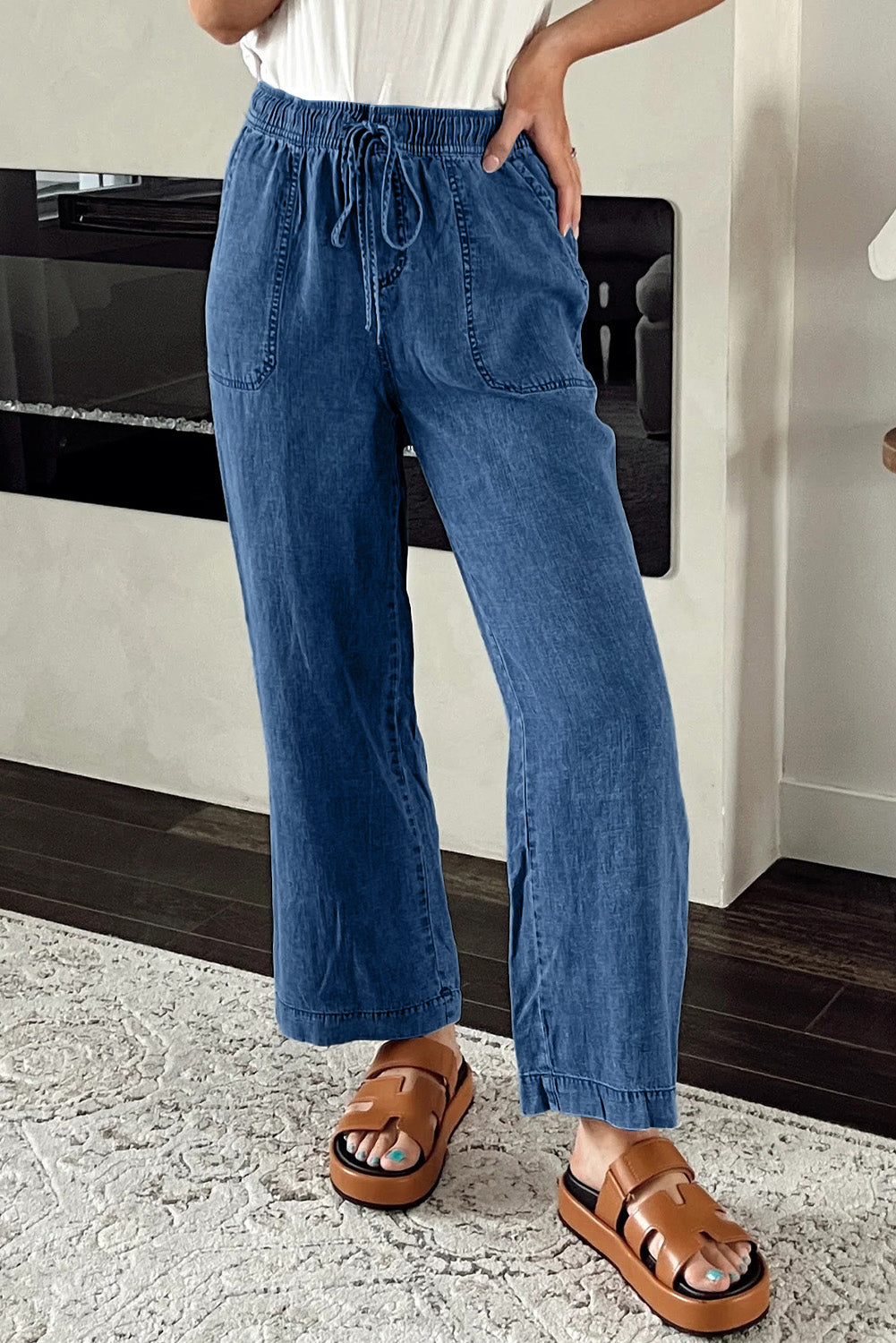 Sail Blue Mineral Wash Drawstring Elastic Waistband Loose Straight Denim Pants Sail Blue 71%Cotton+27.5%Polyester+1.5%Elastane Jeans JT's Designer Fashion