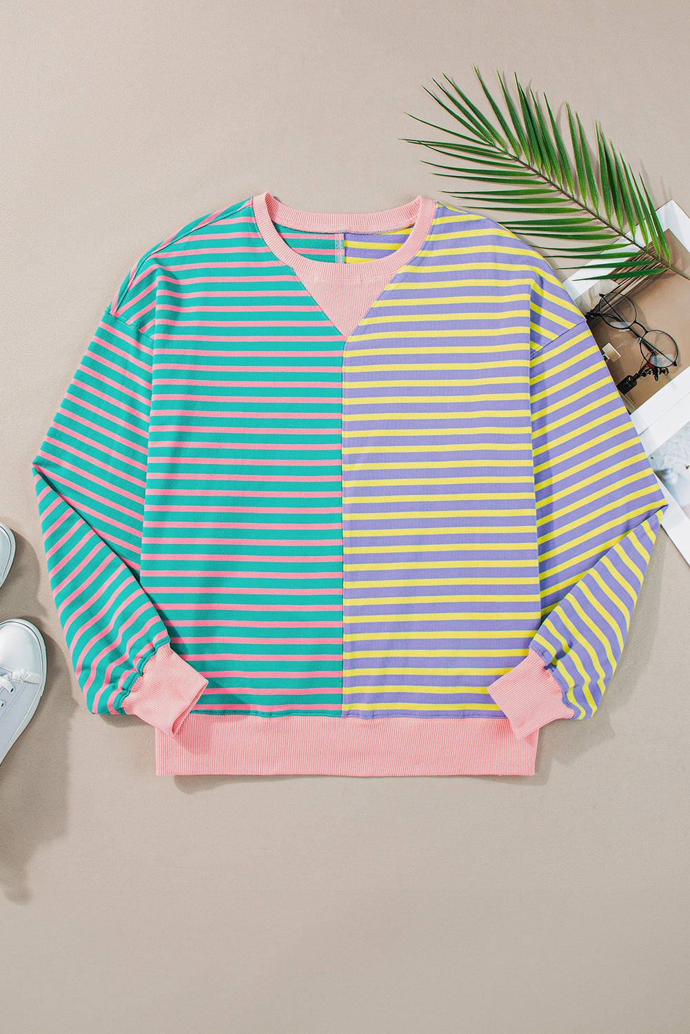 Casual Stripe Colorblock Drop Shoulder Oversize Sweatshirt Sweatshirts & Hoodies JT's Designer Fashion