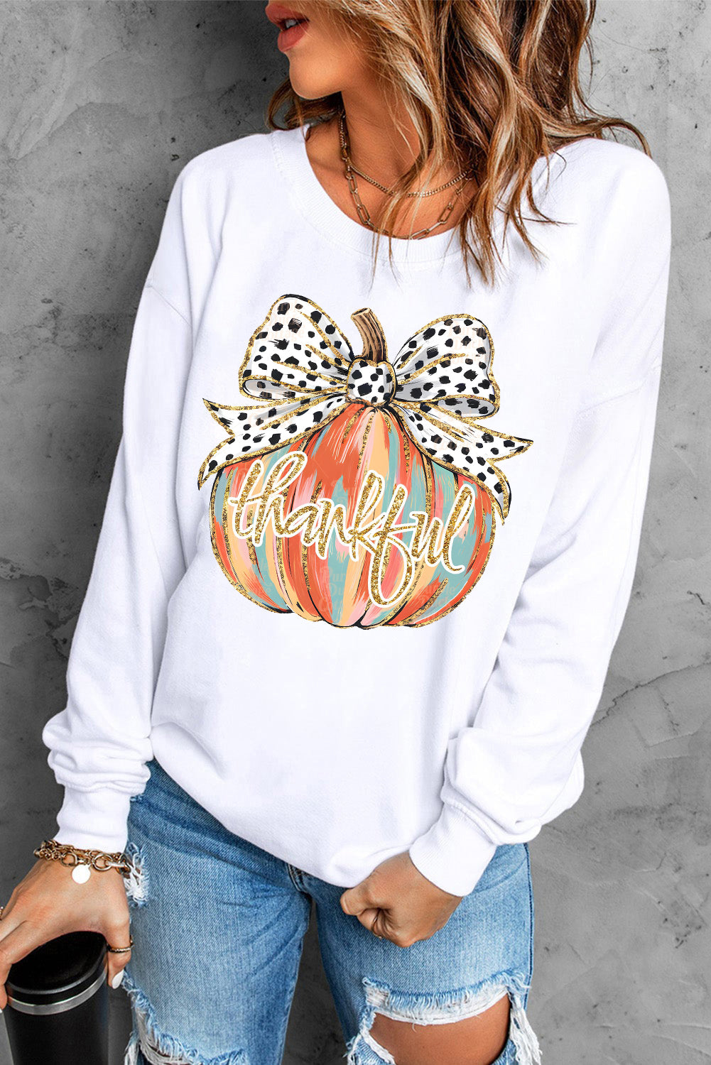 Beige Polka Dot Bow Knot Pumpkin Print Thanksgiving Sweatshirt Graphic Sweatshirts JT's Designer Fashion