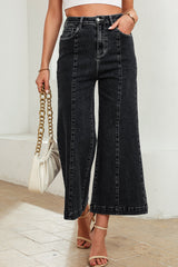 Black Plain Seam Detail Flared Bottom Ankle Length Jeans Black 71%Cotton+27.5%Polyester+1.5%Elastane Jeans JT's Designer Fashion