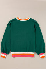 Blackish Green Colorblock Striped Trim Drop Shoulder Sweater Sweaters JT's Designer Fashion