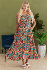 Black Boho Floral Print Thin Straps Sleeveless High Waist Maxi Dress Floral Dresses JT's Designer Fashion