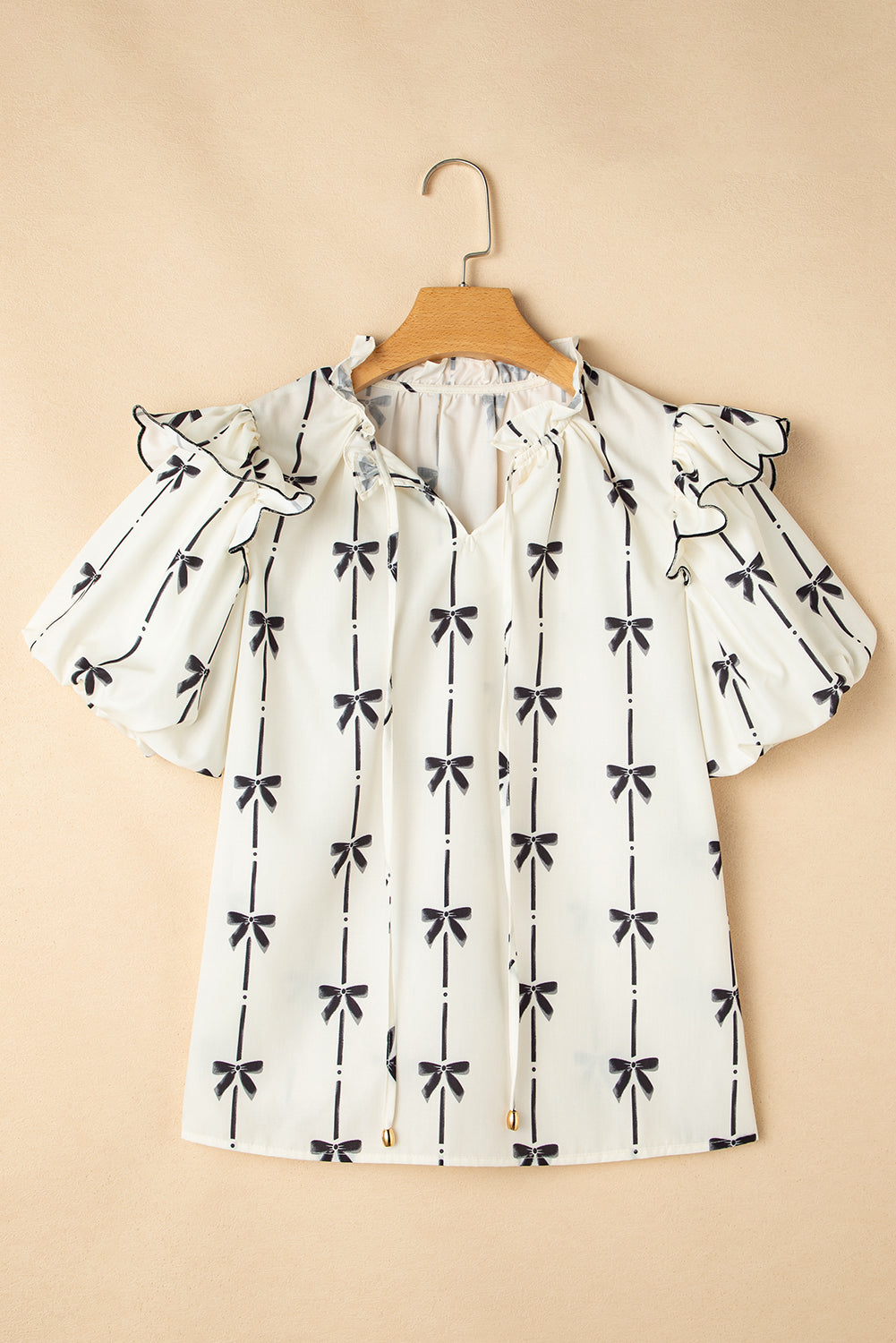 Beige Bow Printed Ruffled Bubble Sleeve Tied Notched V Neck Blouse Blouses & Shirts JT's Designer Fashion