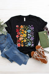 Black Beautiful Flower Print Cotton Blend Casual Tee Graphic Tees JT's Designer Fashion