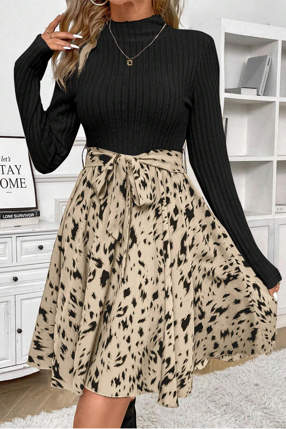 Black Ribbed Knit Patchwork Printed Belted A-line Dress Mini Dresses JT's Designer Fashion