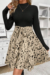 Black Ribbed Knit Patchwork Printed Belted A-line Dress Mini Dresses JT's Designer Fashion