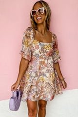 Khaki Floral Short Sleeve Square Neck Mini Dress Dresses JT's Designer Fashion