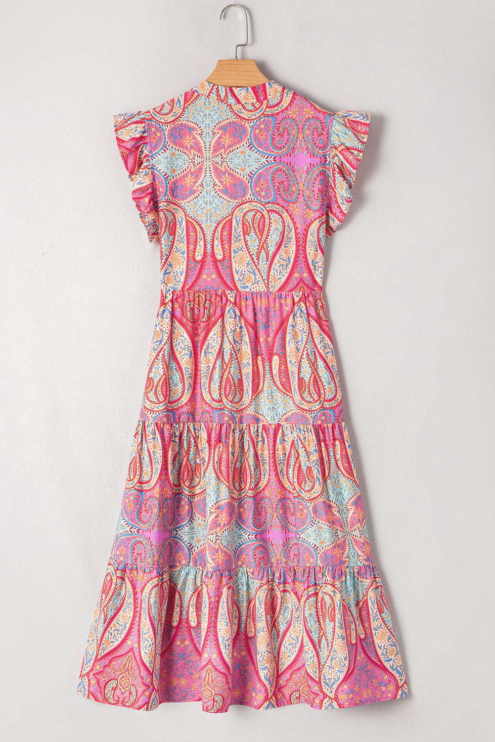 Rose Tribal Paisley Print Ruffled Sleeve Notch Neck Midi Dress Floral Dresses JT's Designer Fashion