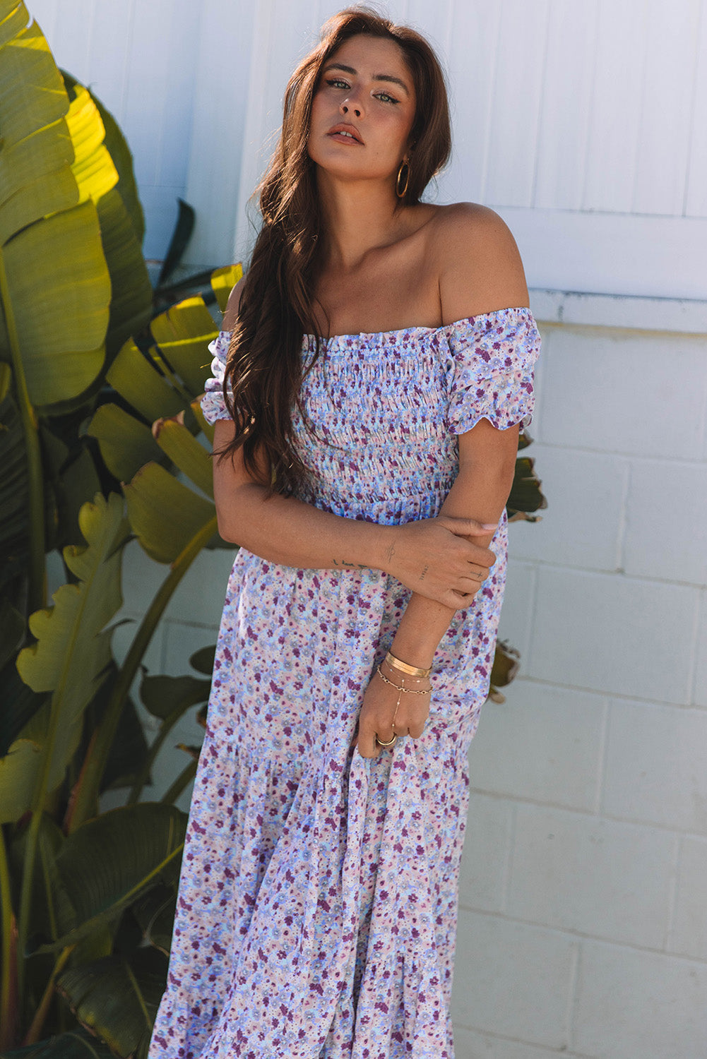 Purple Floral Short Bubble Sleeve Shirred High Waist Long Dress Maxi Dresses JT's Designer Fashion