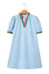Myosotis Contrast Striped Notched V Neck Puff Sleeve Mini Dress Mini Dresses JT's Designer Fashion