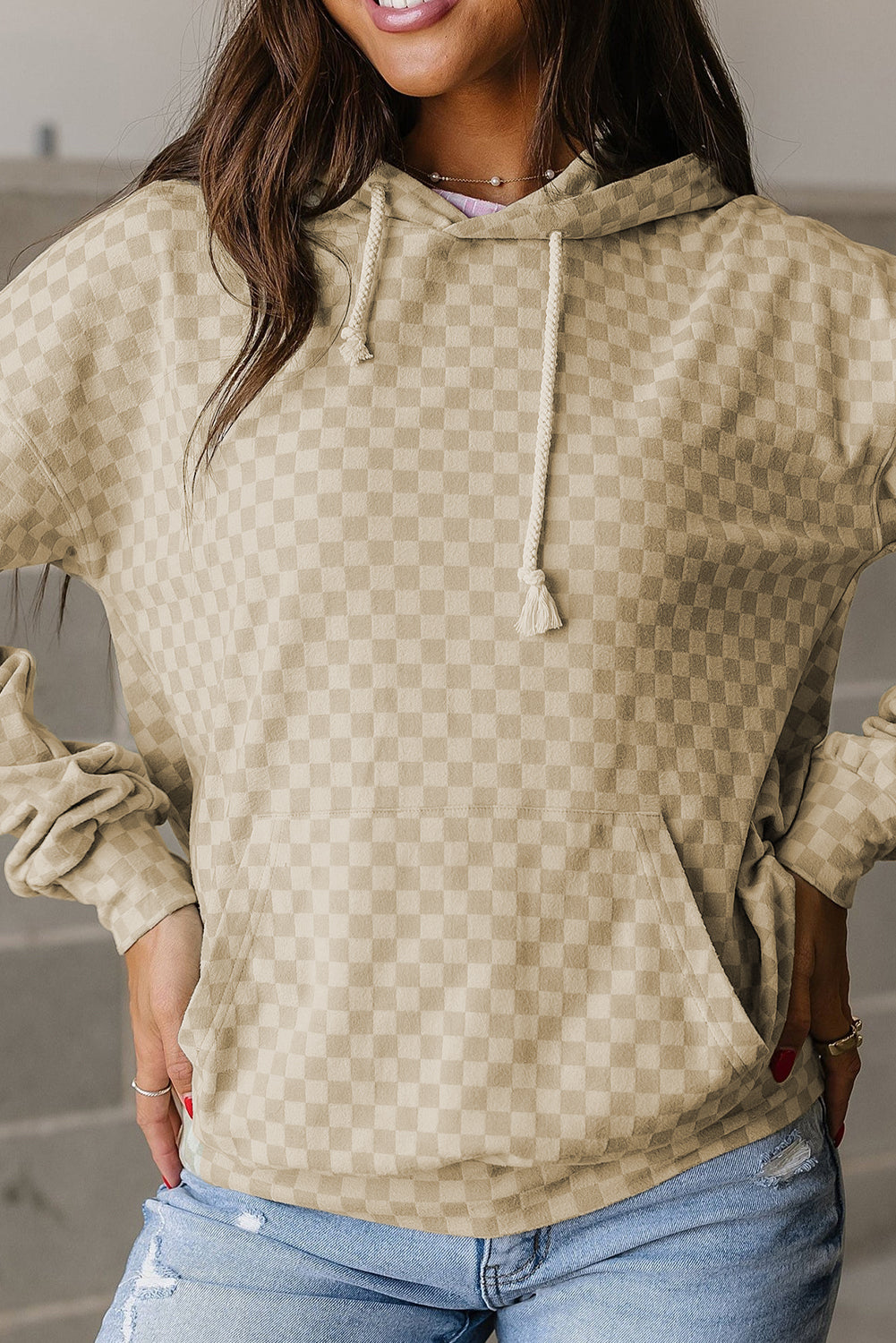 Khaki Checkered Print Kangaroo Pocket Drawstring Hoodie Sweatshirts & Hoodies JT's Designer Fashion