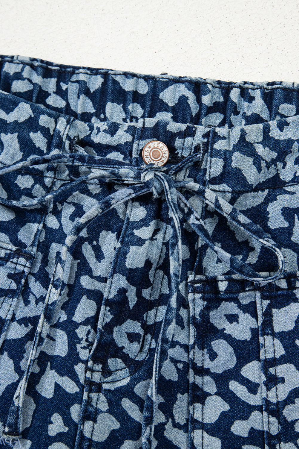 Blue Leopard Printed Drawstring Elastic Waistband Pocketed Wide Leg Jeans Jeans JT's Designer Fashion