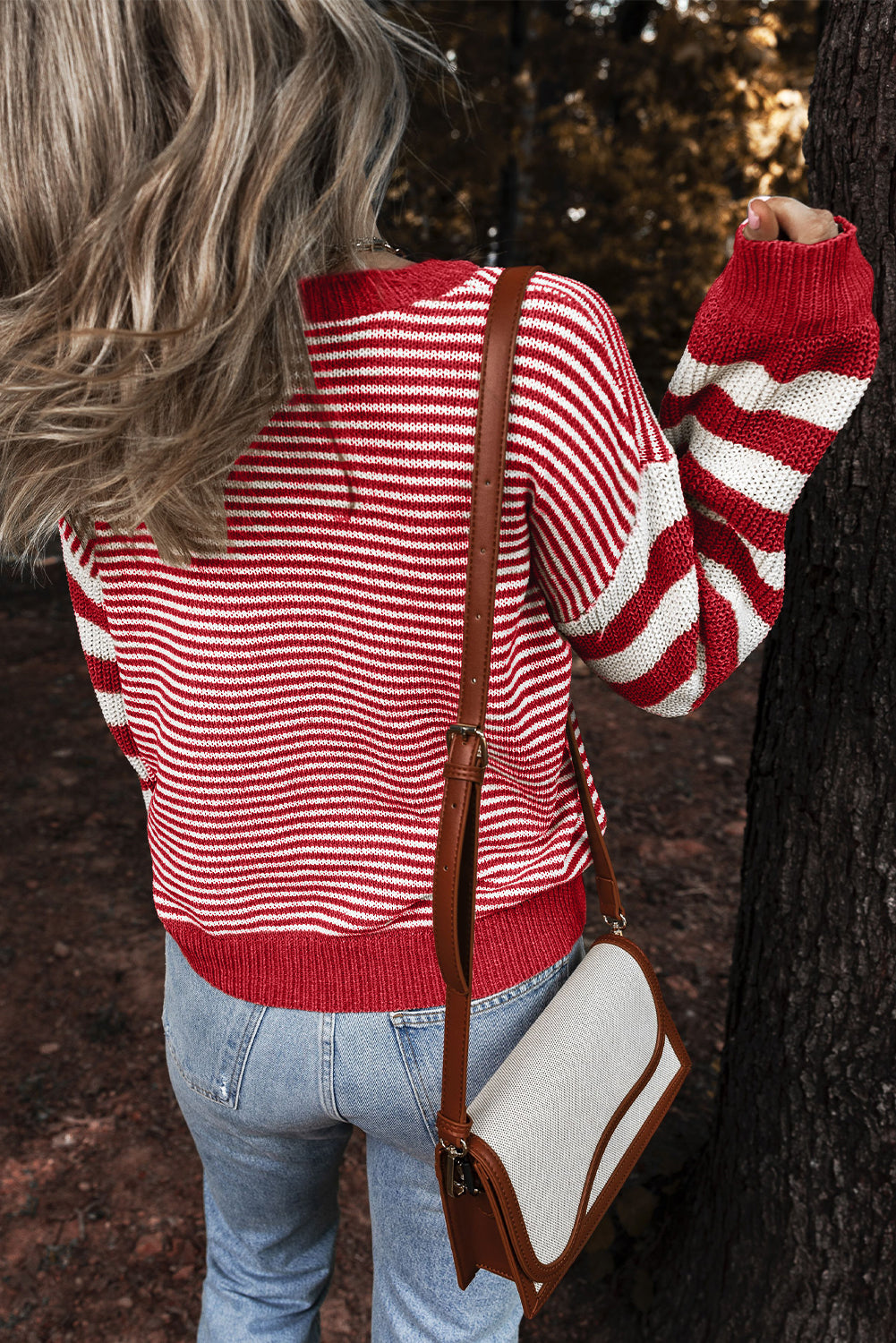 Red Stripe Geometric Textured Drop Shoulder Sweater Sweaters JT's Designer Fashion