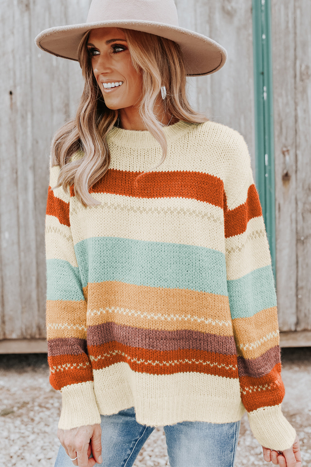 Crew Neck Drop-shoulder Striped Color Block Sweater Sweaters & Cardigans JT's Designer Fashion