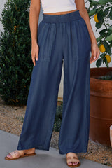 Sail Blue Side Pockets Frilled Smocked High Waist Wide Leg Jeans Jeans JT's Designer Fashion