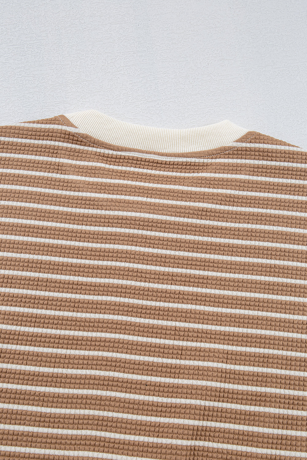 Khaki Stripe Patched Edge Textured Round Neck Long Sleeve Top Long Sleeve Tops JT's Designer Fashion