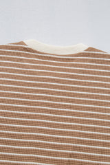 Khaki Stripe Patched Edge Textured Round Neck Long Sleeve Top Long Sleeve Tops JT's Designer Fashion