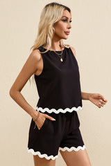 Black Ricrac Trim Tank Top Elastic Waist Shorts Set Short Sets JT's Designer Fashion