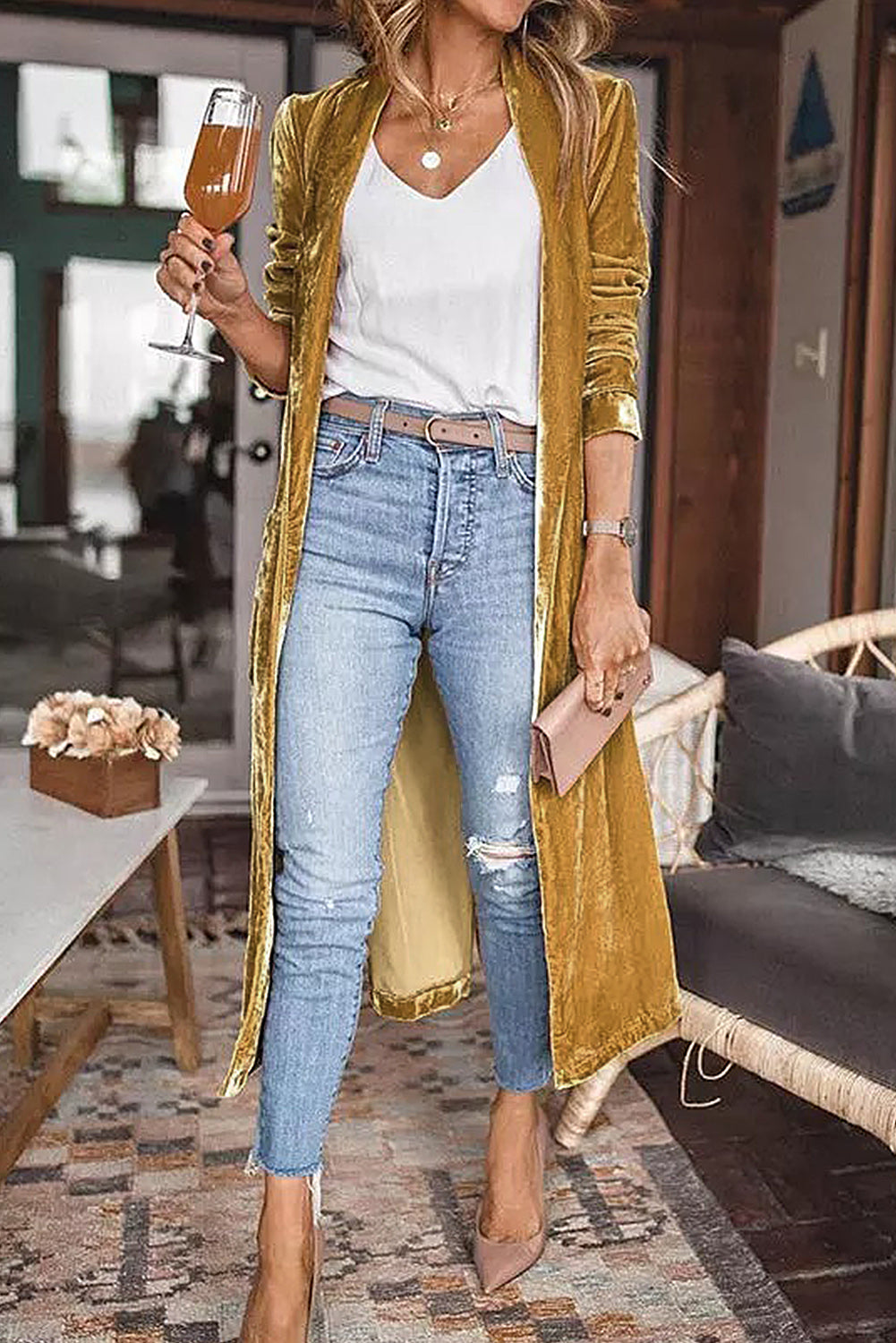 Yellow Velvet Open Front Pocketed Long Duster Sweaters & Cardigans JT's Designer Fashion