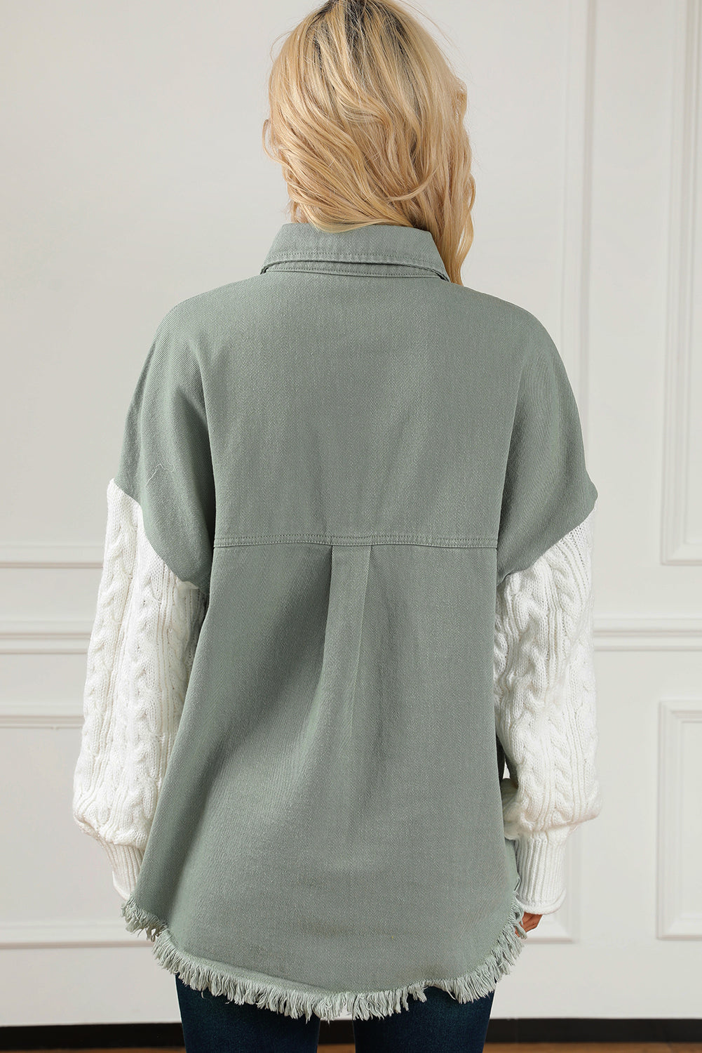 Green Cable Knit Sleeve Raw Hem Shacket Jackets JT's Designer Fashion
