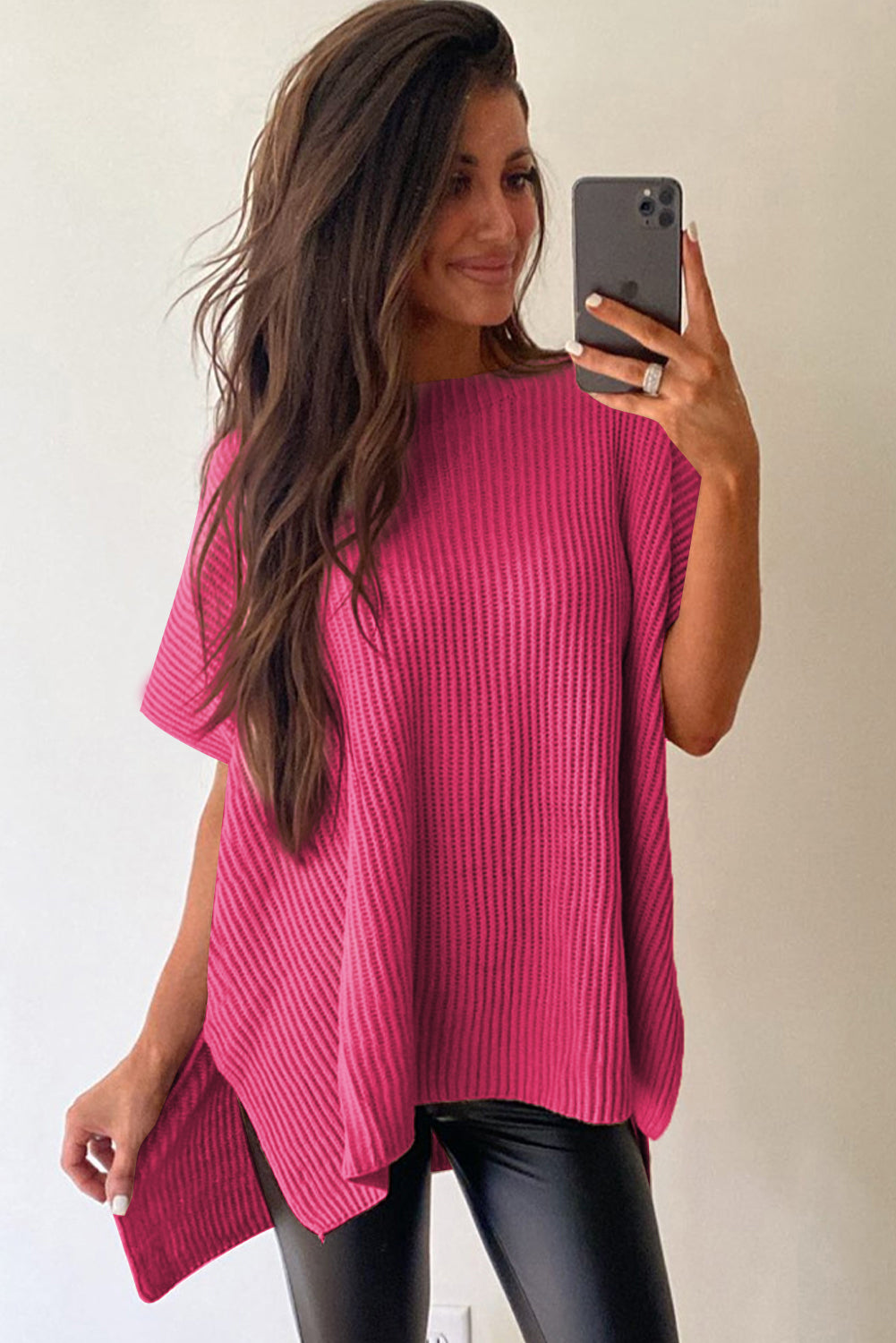 Rose Red Short Sleeve Side Slit Oversized Sweater Sweaters & Cardigans JT's Designer Fashion