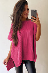 Rose Red Short Sleeve Side Slit Oversized Sweater Sweaters & Cardigans JT's Designer Fashion