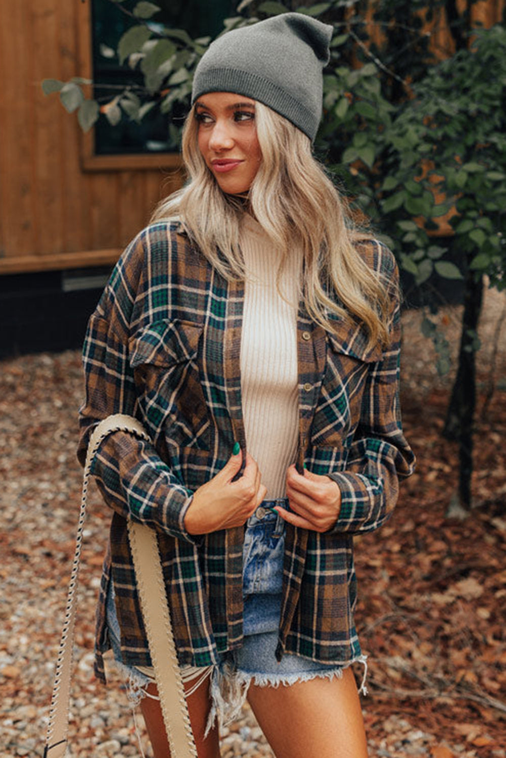 Brown Plaid Print Chest Pockets Buttoned Shirt Jacket Plaid Shackets JT's Designer Fashion