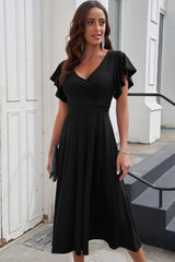 Black Ruffled Sleeve Wrap V Neck Midi Dress Midi Dresses JT's Designer Fashion